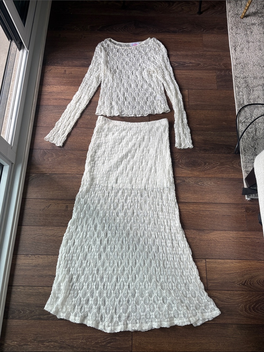 Ivory Long Sleeve Lace Two-Piece Maxi Dress Set